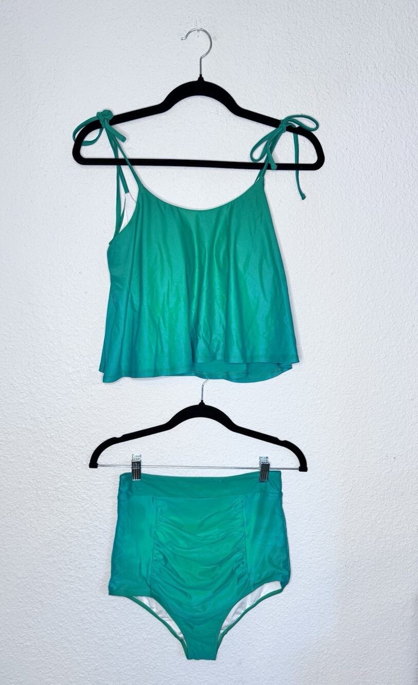 Sheila May Women's Two Piece Swimsuit SZ 10 Green Seafoam Swing Top High Waisted